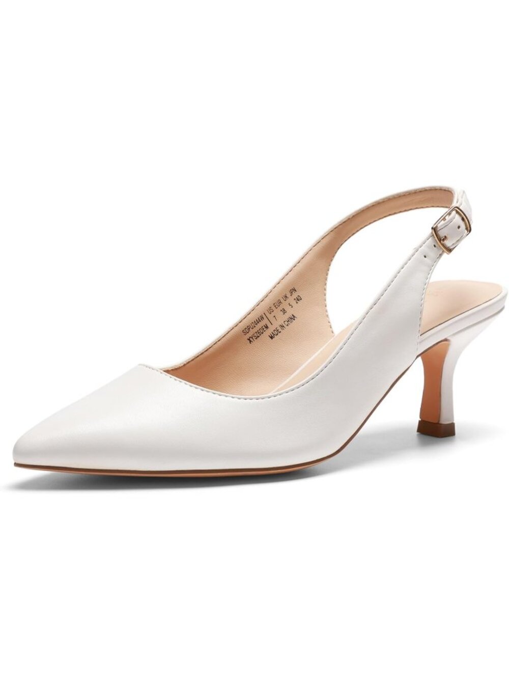 Women's Low Kitten Heels Slingback White-Pu Pointed Closed Toe Dress Shoes